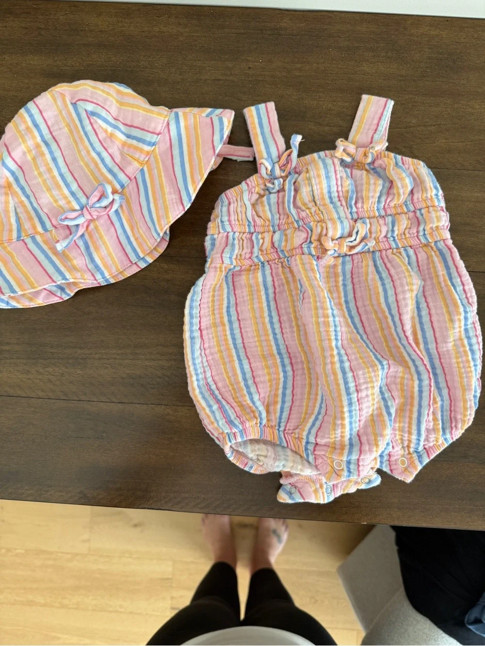 Jessica Simpson striped Pastel Baby Romper & Sun Hat - Pink, Yellow, Blue